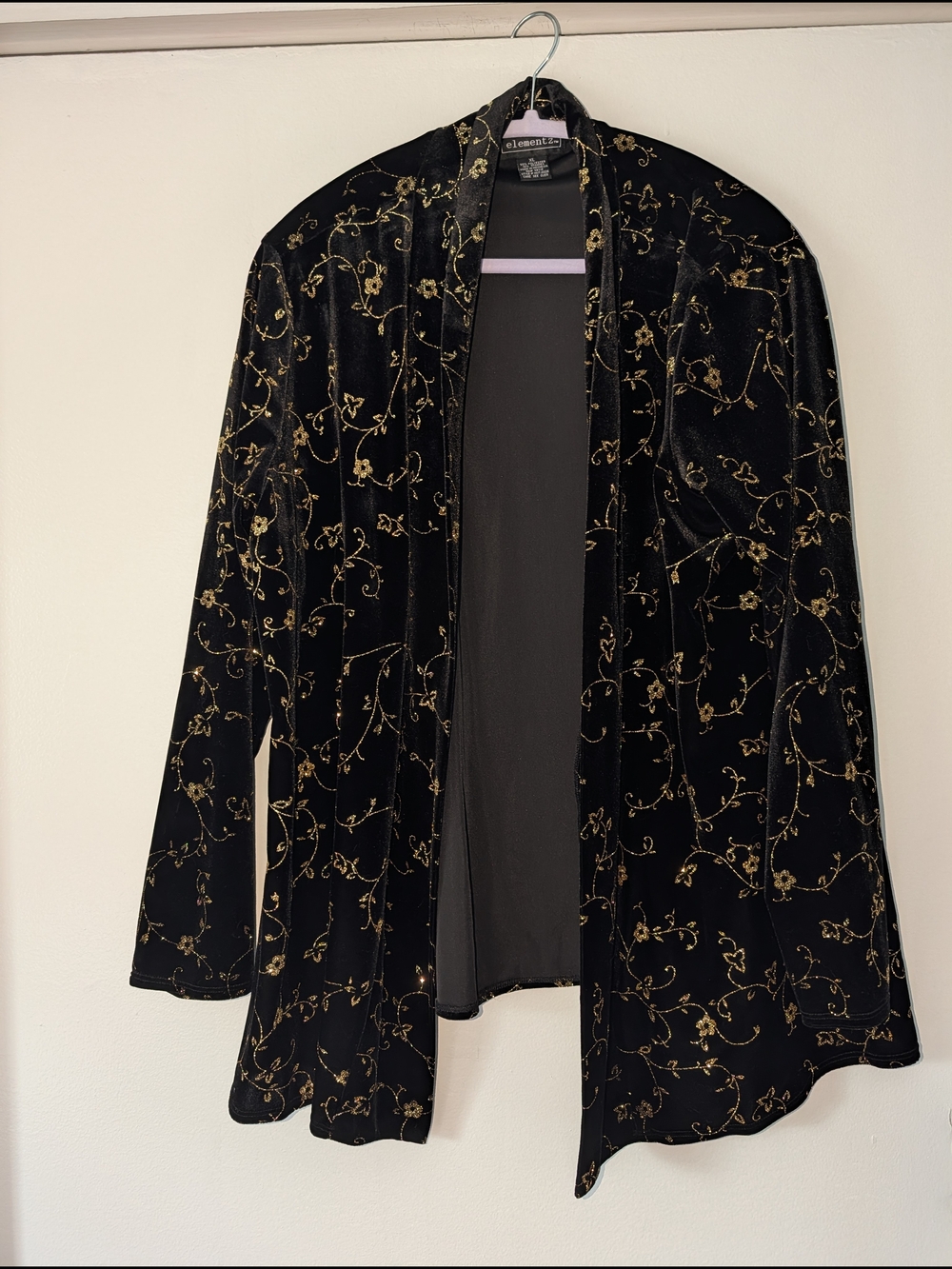 Vintage Y2K Elementz Black Velvet Gold Floral Glitter Jacket XL